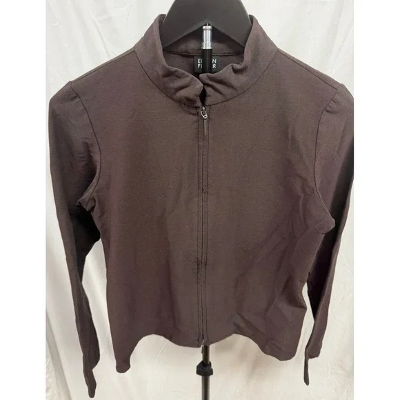 Eileen Fisher Women's Petite Brown Two Way Full Zip Crepe Stretch Jacket PP - Picture 2 of 6